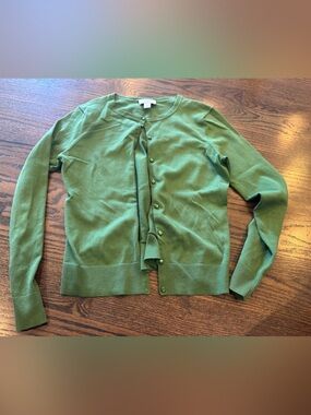 LOFT Green Crewneck Button-Front Cardigan